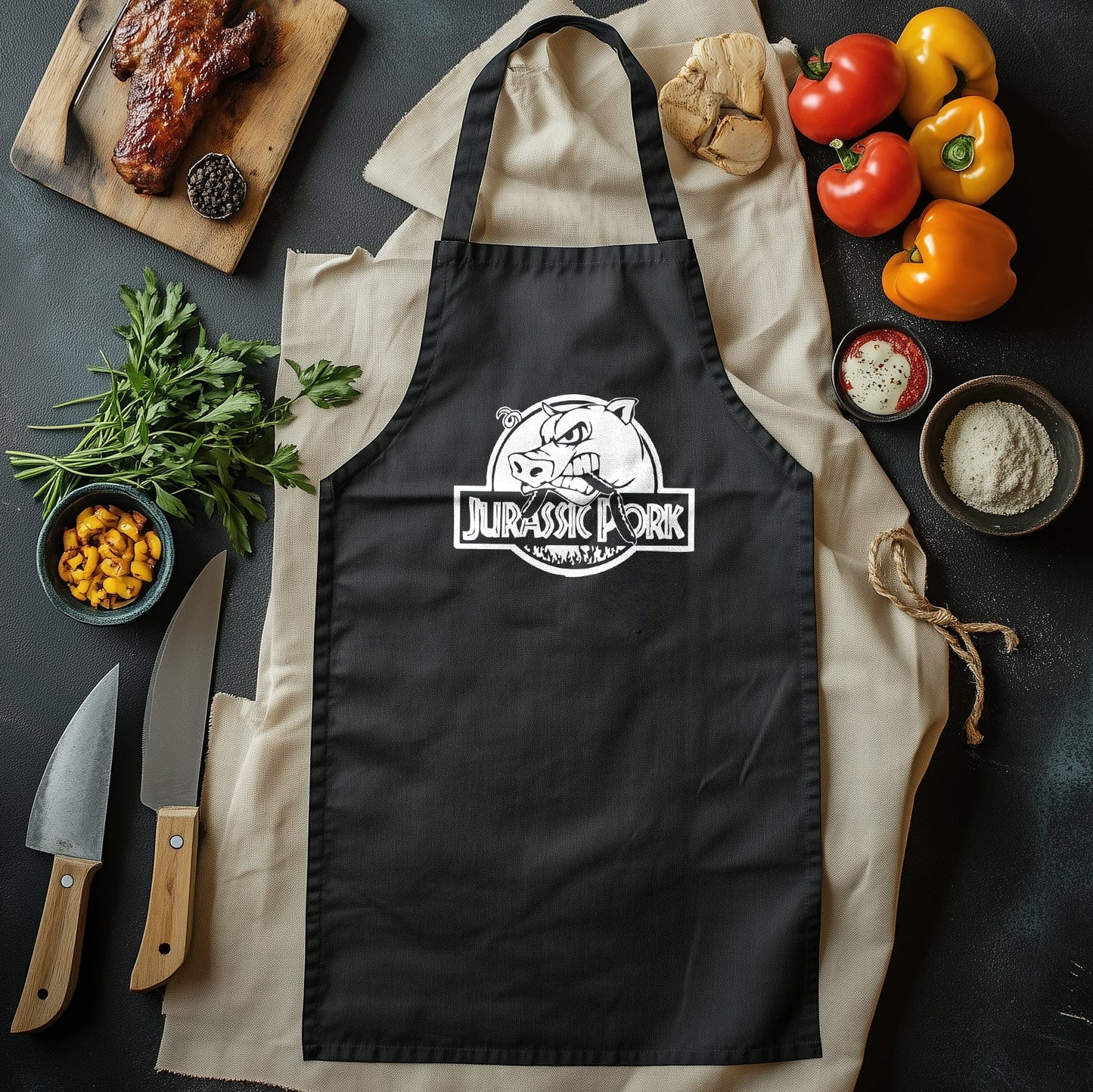 Jurassic Pork Apron - Cook Like a Dino! Funny Kitchen Gear, Unisex Design, Ideal for Grill Masters and Dinosaur Enthusiasts!