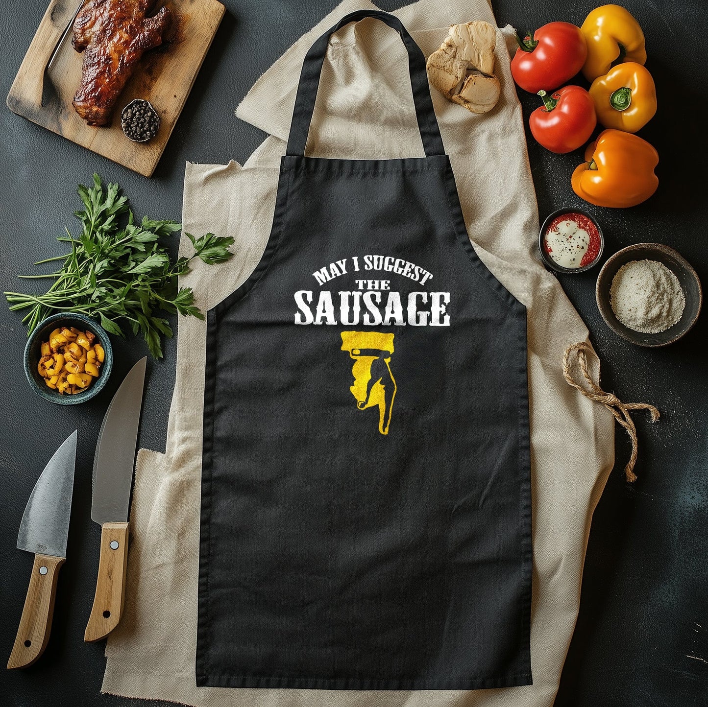 "May I Suggest the Sausage Classic" T-Shirt - Hilarious Meat-loving Fun! 100% Cotton, Unisex Design. Perfect for Grill Masters and Sausage Enthusiasts!