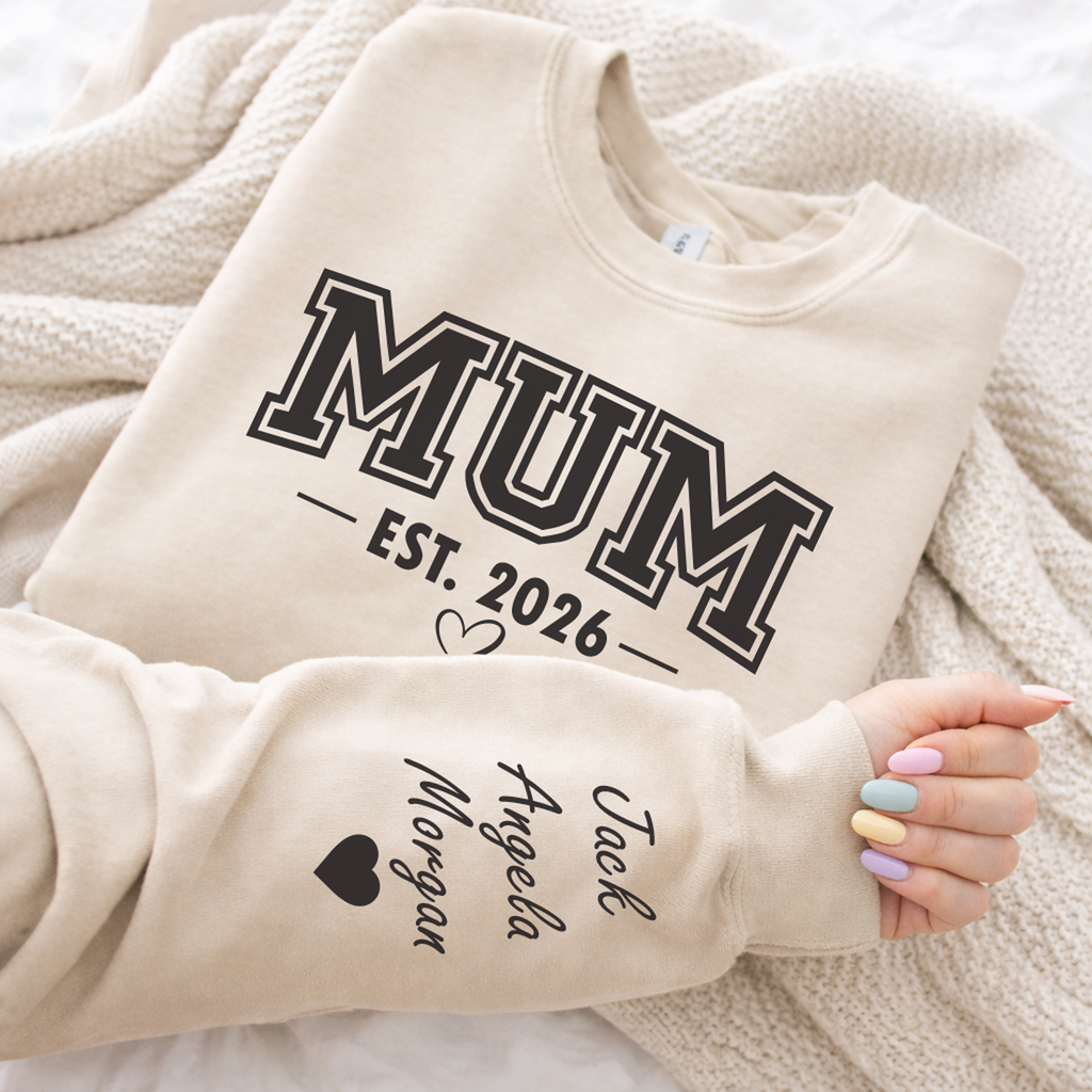 Personalised Mum College Sweatshirt with Kids Names on Sleeve