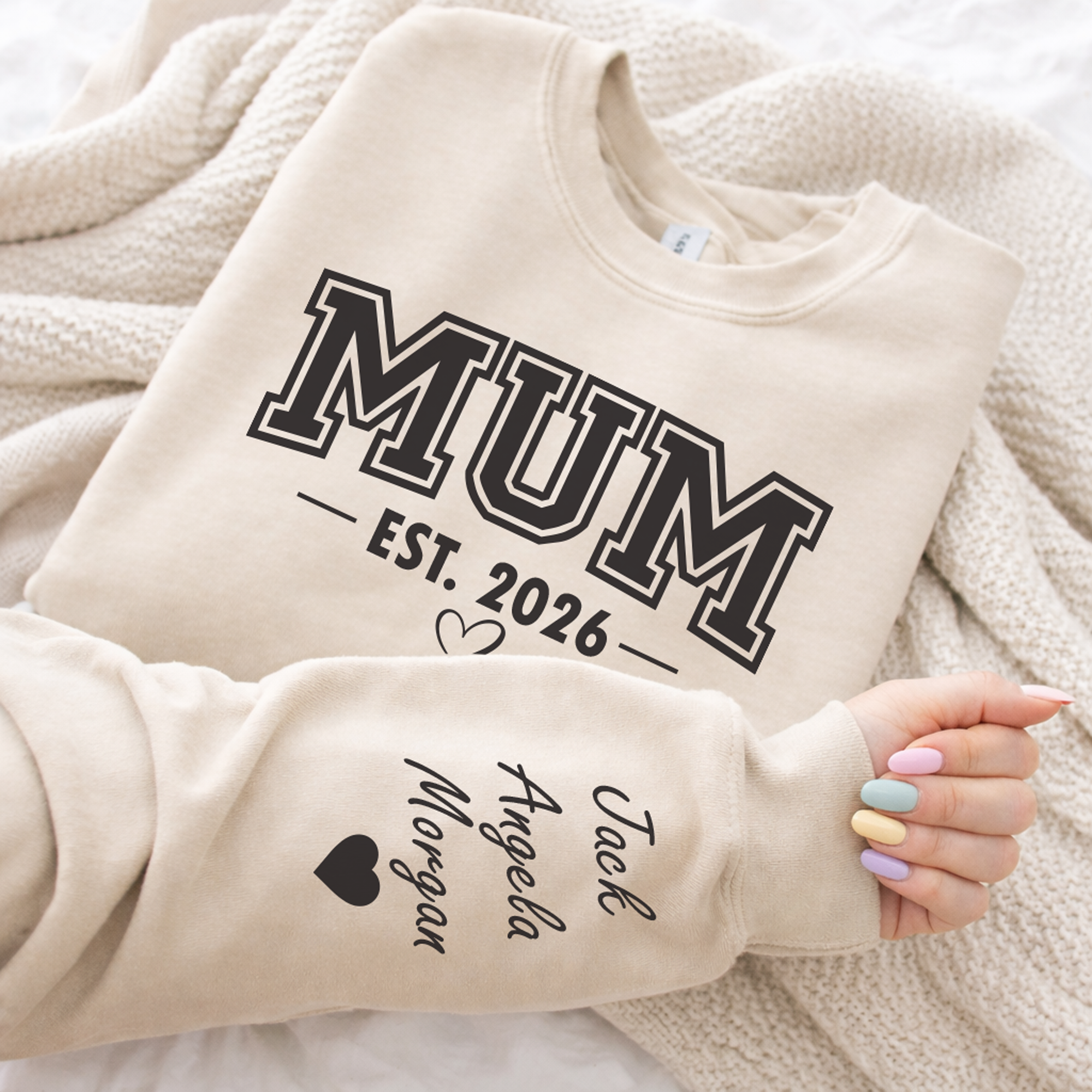 Personalised Mum College Sweatshirt with Kids Names on Sleeve