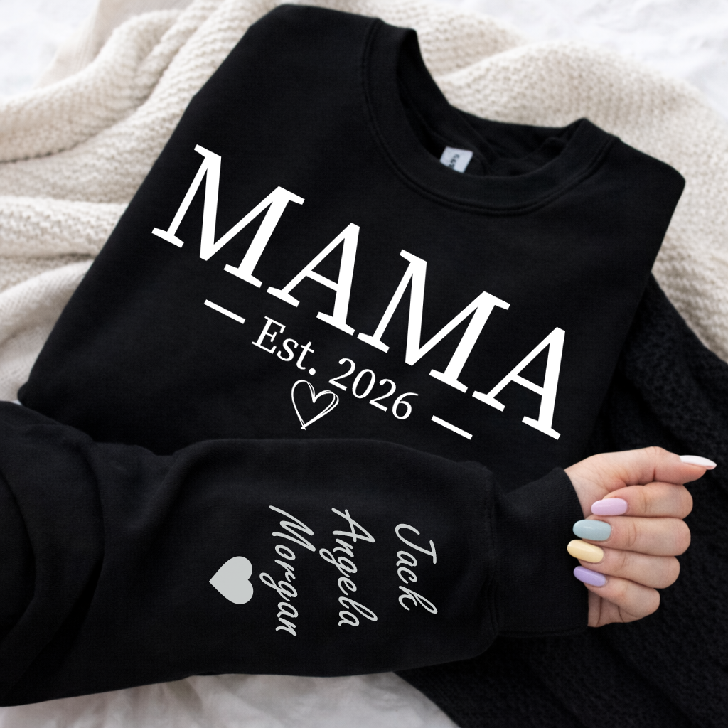 Personalised Mum EST Sweatshirt with Kids Names on Sleeve