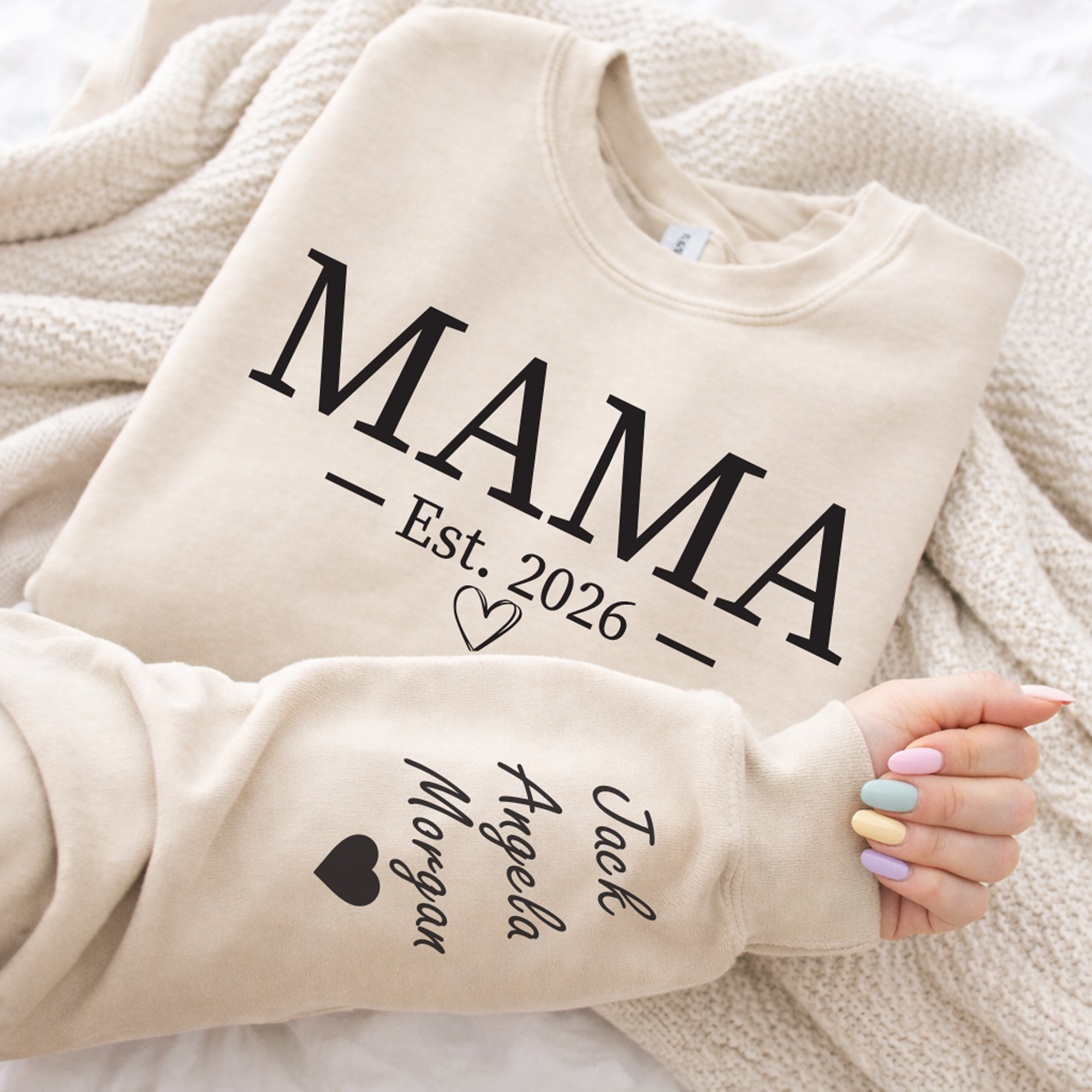 Personalised Mum EST Sweatshirt with Kids Names on Sleeve
