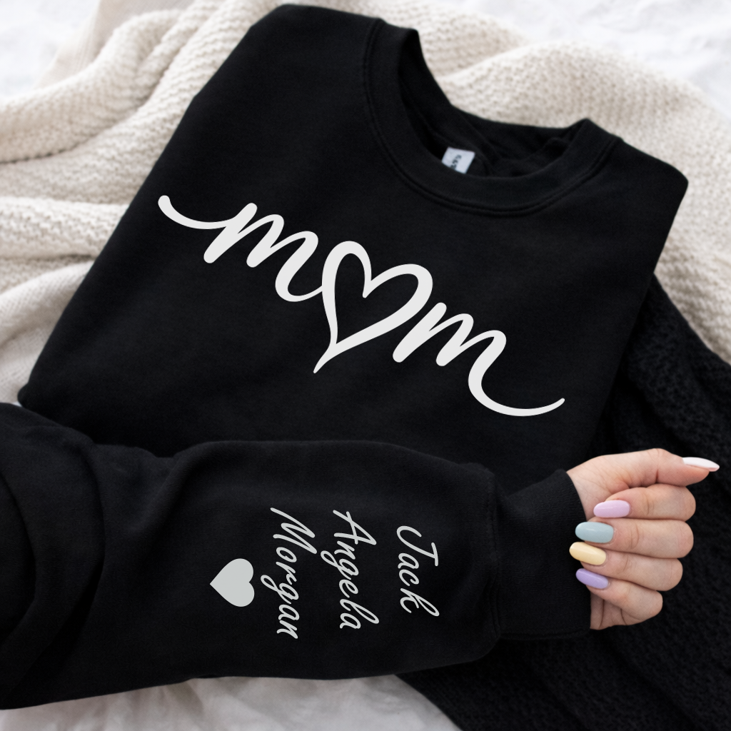 Personalised Mum Heart Sweatshirt with Kids Names on Sleeve