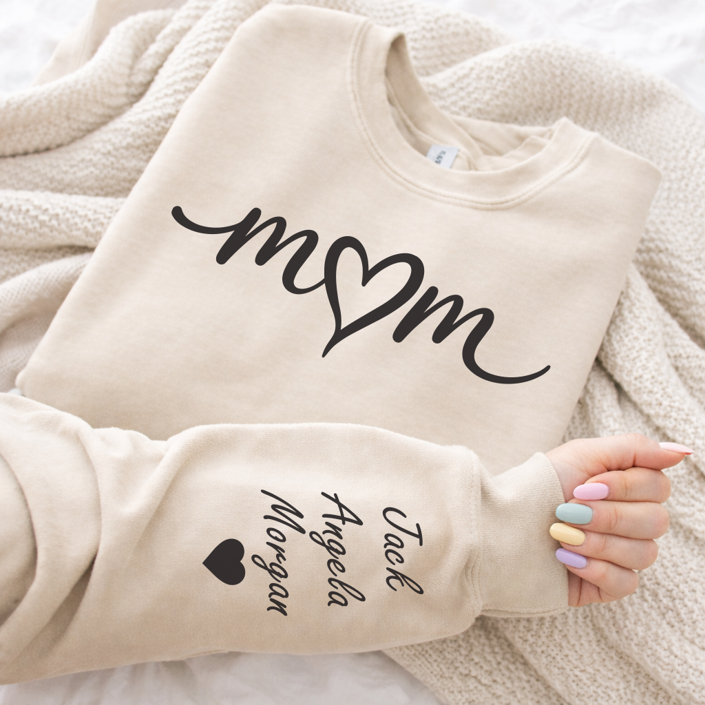 Personalised Mum Heart Sweatshirt with Kids Names on Sleeve
