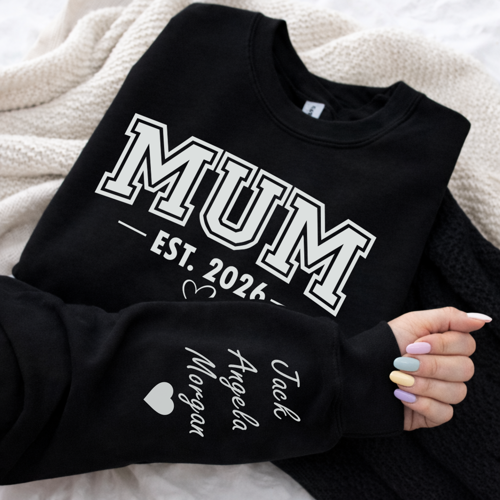 Personalised Mum College Sweatshirt with Kids Names on Sleeve