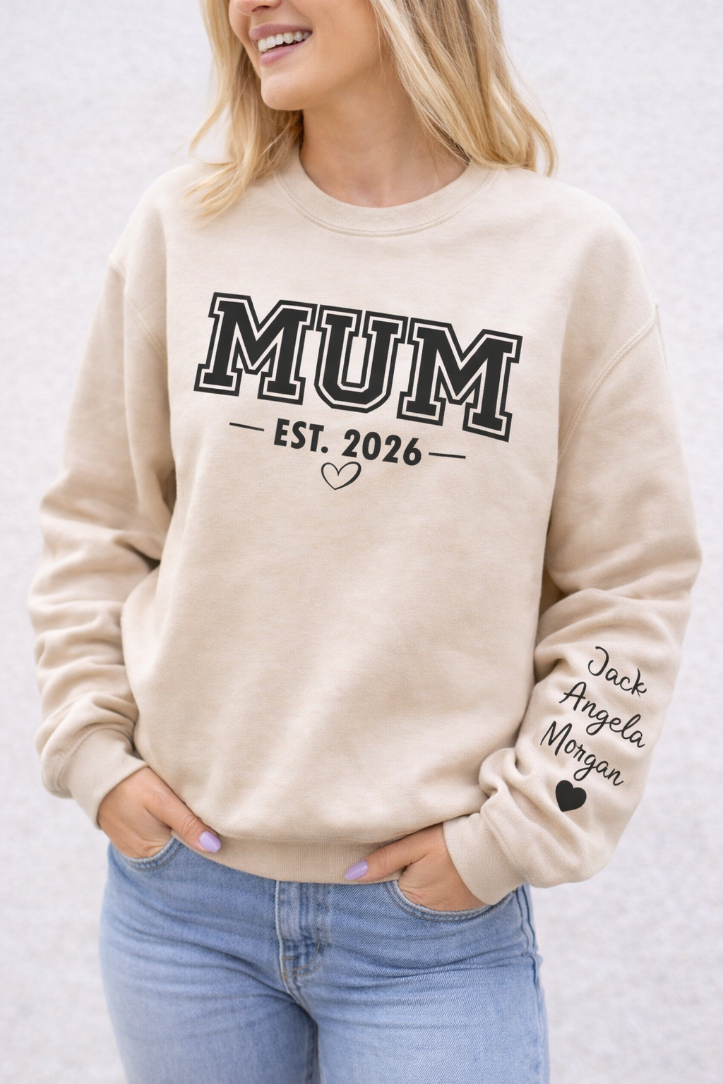 Personalised Mum College Sweatshirt with Kids Names on Sleeve